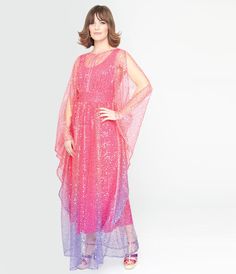 Unique Vintage 1970s Sheer Pink & Purple Ombre Sequin Flutter Sleeve Caftan Birthday Dinner Outfit, Pink Purple Ombre, Back Zipper Dress, Uv Clothing, 1960s Style, Womens Vintage Dresses, Zipper Dress, Purple Ombre, Dinner Outfits