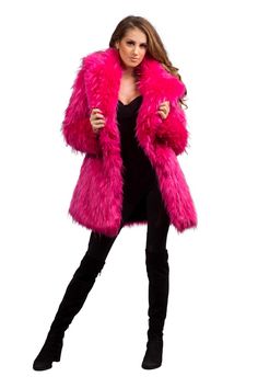 WOMEN'S SHORT DUCHESS COAT FEATURES High quality faux fur. Lined with super soft cuddle minky fabric. Collar and lapel. 2 Outside pockets at the side seams. 2 Inside deep zipper pockets at the front sides. 6" Invisible zipper ID "secret" pocket on the inside left chest lining. 3 Outside button & elastic loop closures. Inside back pack straps to wear the coat like a cape when you are hot. Length is approx. 32". Dare to stand out in a crowd in this fun, flirty, & fabulous faux fur coat? Get ready Fall Pink Outerwear With Feather Trim, Faux Fur Coat With Faux Fur Lining, Pink Feather Trim Outerwear For Fall, Pink Winter Outerwear With Feather Trim, Fitted Fur Coat With Feather Trim, Fitted Faux Fur Coat With Faux Fur Trim, Chic Fitted Fluffy Fur Coat, Chic Fluffy Fitted Fur Coat, Chic Pink Faux Fur Coat