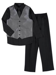 Boys 4 Piece Suit Silver & Black Pin Stripe Dress Up Holiday Outfit Vest & Tie This great looking boy's black & silver pin stripe dress up outfit is perfect for weddings, Easter, church, or anytime you want to dress him up! Boy's sizes 4 Piece Set Includes: Pants, button front shirt, vest, & clip on tie Payment We accept PayPal as our payment method. Immediate payment is required. If you have any questions about payment, please feel free to contact our customer support team. Return Policy We hav Classic Black Sets For Spring, Classic Black Spring Sets, Black Sleeveless Formal Set, Pin Stripe Dress, Outfit Vest, Vest And Tie, Pinstripe Dress, Black Pins, Dress Up Outfits