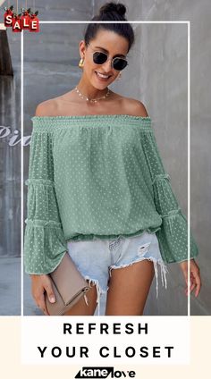 Green Swiss Dot Off The Shoulder Bell Sleeve Blouse Bell Sleeve Blouse, Swiss Dot, Off The Shoulder Top, Top Women, Women Tops, Bell Sleeve, Ladies Tops Fashion, Shoulder Top, Bell Sleeves