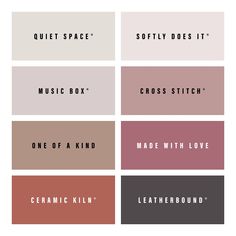 six different color palettes with the words quiet space, softy does it, music box, cross stitch, made with love and leatherbound