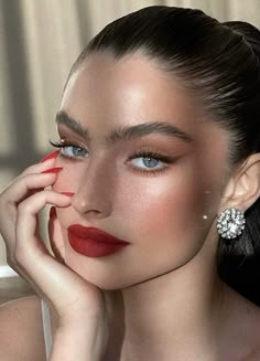 #makeup Red Lip And Eyeliner Makeup Look, Simple Makeup Red Lips, Makeup Inspo For Red Dress, Wedding Makeup For Red Dress, Red Dress Formal Makeup, Christmas Night Out Makeup, Civil Wedding Makeup Brides, Simple Bold Makeup, Red Velvet Makeup Look