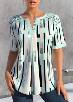 #shortsleeve #stylish #party #modern #casual #split #button #hem #striped #splitneck #tshirt #blouse #stylishblouse #casualblouse Trendy Tops For Women, Stripe Outfits, Striped Short, Blouse Outfit, Green Lace, Casual Blouse, Trendy Tops, Blouse Styles, Striped Shorts