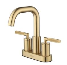 a gold faucet with two handles and nozzles on the side, in front of a white background