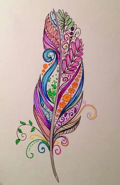 a drawing of a colorful feather with swirls and dots on it's tail