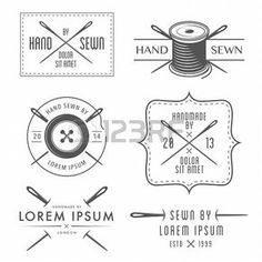 set of vintage sewing labels, badges and emblems with thread, spooling needles and needle on white background