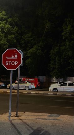 a red stop sign sitting on the side of a road