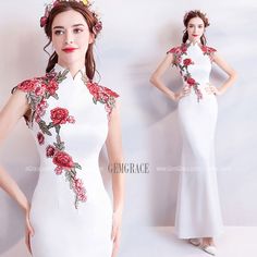 Spring Wedding Sleeveless Cheongsam, Sleeveless Spring Wedding Cheongsam, White Fitted Cheongsam For Party, Fitted Embroidered White Cheongsam, Floral Fitted Cheongsam For Wedding, Fitted Floral Cheongsam For Wedding, Floral Print Fitted Cheongsam For Wedding, Fitted Floral Embroidery Cheongsam For Summer, Fitted Summer Cheongsam With Floral Embroidery