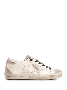 "Superstar" sneakers in white leather and suede with laminated inserts and contrasting black laces from Golden Goose. Golden Goose Black, Golden Goose Superstar, Zegna Shoes, Golden Goose Sneakers, Best Wallet, Sneakers For Women, Sneaker Wedge, Wallet Bag, Black Laces