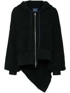 black cotton blend drawstring hood front zip fastening long sleeves ribbed cuffs high-low hem Yohji Yamamoto Scarf, Zipped Hoodie, City Dress, Summer Beach Wear, Yohji Yamamoto, Hoodie Top, High Low Hem, Active Wear For Women, Black Hoodie