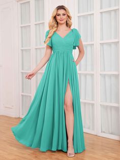 #color_Turquoise Chiffon Bridesmaid Dress With Short Sleeves, Chiffon Bridesmaid Dresses With Flutter Sleeve, Flowy Chiffon Dress With Short Sleeves For Formal Occasions, Flowy Short Sleeve Chiffon Dress For Formal Occasions, Short Sleeve Chiffon Dress For Wedding, Short Sleeve Ruffled Maxi Dress For Bridesmaids, Flowy Short Sleeve Maxi Dress For Wedding Guest, Short Sleeve Maxi Dress With Ruffles For Bridesmaid, Chiffon Maxi Dress For Wedding Guest With Short Sleeves