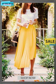 Metallic Pleated Maxi Skirts Trendy Solid Color Summer Skirt, Non-stretch Summer Pleated Skirt For Party, Trendy Non-stretch Pleated Skirt For Summer, Summer Non-stretch Pleated Skirt, Chic Solid Color Summer Skirt, Non-stretch Yellow Skirt For Summer, Chic Non-stretch Skirt For Brunch, Casual Solid Color Pleated Party Skirt, Solid Color Maxi Skirt For Spring Day Out