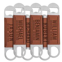 six bottle openers with brown leather labels on them are arranged in the shape of an eight - pack