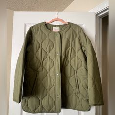 Nwt! Lucky Brand Quilted Jacket. Never Been Worn. Fits Oversized. No Stains. Oversized Casual Quilted Jacket For Spring, Oversized Casual Quilted Jacket For Work, Spring Cotton Olive Outerwear, Olive Cotton Outerwear For Spring, Spring Cold Weather Button-up Outerwear, Everyday Green Utility Jacket For Winter, Relaxed Fit Long Sleeve Quilted Jacket For Spring, Spring Button-up Outerwear For Cold Weather, Green Long Sleeve Everyday Outerwear