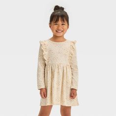 Toddler Girls' Gold Stars Long Sleeve Dress - Cat & Jack™ Off-White 4T Toddler Girl Fall, Neutral Dress, Floral Long Sleeve Dress, Heart Print Dress, Toddler Girl Clothes, Toddler Dresses, Girls Floral Dress, Spotted Dress, Small Stuff