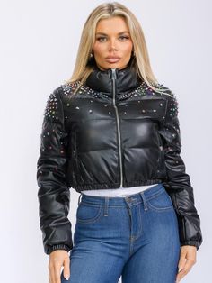 Swarovski Crystal Studs Women's Faux Leather Jacket Zip Up, and Front Pockets - Etsy Trendy Studded Long Sleeve Outerwear, Trendy Long Sleeve Outerwear With Studs, Party Outerwear With Studs And Long Sleeves, Studded Winter Party Outerwear, Studded Winter Outerwear For Party, Trendy Studded Outerwear For Winter, Winter Fitted Studded Leather Jacket, Fitted Studded Leather Jacket For Winter, Party Outerwear With Rivets