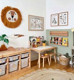 a child's playroom with toys and books