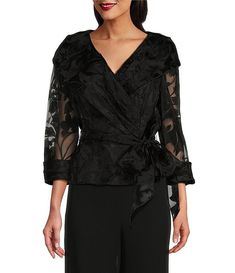 Alex Evenings 3/4 Sleeve Portrait Collar Tie Waist Floral Blouse | Dillard's Elegant Gowns, Alex Evenings, Mob Dresses, Silhouette Portrait, Gowns Of Elegance, Dressy Tops, Winter 2024, Dillard's, Sleeve Detail