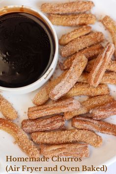 homemade churros air fryer and oven baked on a plate with dipping sauce