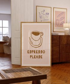 there is a coffee cup on the table in front of this sign that says espresso please