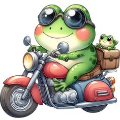 a frog riding on the back of a motorcycle with a little green frog sitting on it's seat