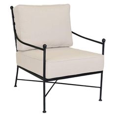 an outdoor chair with white cushions and black metal frame, sitting on a white background