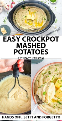 Easy Crock Pot Mashed Potatoes, three-photo collage with text showing mashed potatoes in crock pot, slow cooker mashed potatoes with hand masher, and crockpot mashed potatoes recipe in bowl for Thanksgiving side dish, Christmas side dish, Easter side dish, holiday side dish idea, and more! Crock Pot Mashed Potatoes Recipe, Crock Pot Mashed Potatoes, Slow Cooker Mashed Potatoes, Crockpot Mashed Potatoes, Recipe Slow Cooker, Easy Mashed Potatoes, Mashed Potatoes Recipe, Diy Easy Recipes, Mashed Potato Recipes