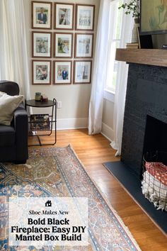 a living room with a fire place and pictures on the wall above it, along with a fireplace