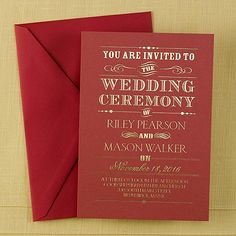 wedding ceremony card with red envelope and gold foil lettering