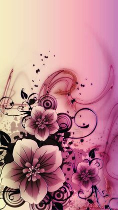 an artistic photo with flowers and swirls on the bottom half of it, in shades of purple