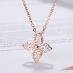 New, So Cute Rose Gold Plated Over Sterling Silver Lucky Flower Necklace Features Lab Created Diamond Throughout For Shine. Size 45cm 16 Inches Silver Flower Necklace For Party, Silver Flower Necklace With Clavicle Chain For Parties, Rose Gold Flower Necklace For Parties, Silver Flower Necklaces For Party, Elegant Rose Necklaces With Clavicle Chain, Silver Necklace With Flower Shape For Party, Silver Flower-shaped Necklace For Parties, Silver Flower Shaped Necklace For Party, Feminine Rose Gold Flower Charm Necklace