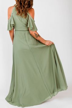 Green Cold Shoulder Flutter Sleeves Maxi Dress Solid Summer Dress With Butterfly Sleeves, Flowy Bridesmaid Dress With Ruffle Hem, Green Ruffle Dress With Butterfly Sleeves, Green Ruffled Dress With Butterfly Sleeves, Spring Solid Color Butterfly Sleeve Dress, Spring Butterfly Sleeve Dress In Solid Color, Spring Dresses With Butterfly Sleeves In Solid Color, Solid Spring Dress With Butterfly Sleeves, Green Butterfly Sleeve Dress With Ruffles