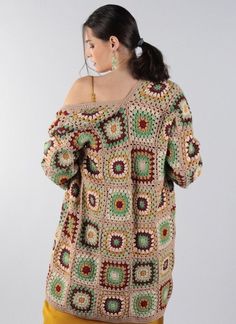 Valentines Gift, Crochet Square Cardigan, Women Beige Boho Coat, Cream Patchwork Hippie Jacket, Plus Size Sweater, Afghan Handmade Knit Sweater, Spring Oversized Chuncky Cardigan, Cotton Knit Kimono, Gift for Her, Mom, Girlfriend, Cozy Clothing 🧥It is my pleasure to be offering this awesome fashion multicolor crochet jacket. This coat is perfect for four seasons, ANYWHERE, ANYTIME. The cardigan looks very nice with dress, with jeans and with any other clothing. You can use at home, at work, and Green Long Sleeve Crochet Sweater, Green Crochet Long Sleeve Outerwear, Green Long Sleeve Crochet Cardigan, Beige Knitted Long Sleeve Outerwear, Vintage Winter Sweater With Granny Square Details, Cozy Winter Cardigan With Granny Squares, Handmade Brown Sweater With Long Sleeves, Bohemian Knitted Green Outerwear, Green Knitted Bohemian Outerwear