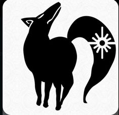 a black and white silhouette of a fox with sunflowers on it's tail