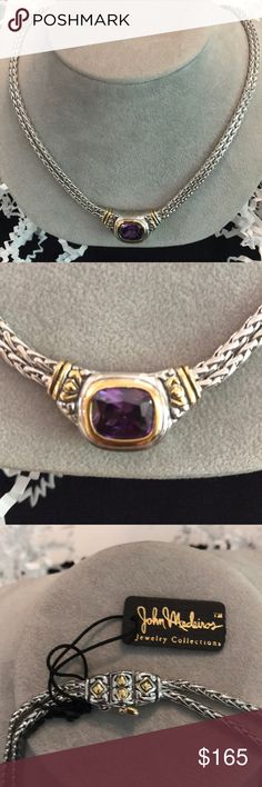 John Medeiros Necklace with amethyst  stone. Beautiful amethyst stone set in silver with gold accent necklace. Retails for $195.00.Yours for $165.00. Sold by an independent Jeweler in business for 21 years. John Medeiros Jewelry Necklaces Luxury Purple Necklaces For Anniversary, Luxury Purple Necklace For Anniversary, Elegant Amethyst Jewelry With Sterling Silver Clasp, Luxury White Gold Amethyst Necklace, Luxury Amethyst Jewel Necklaces, Luxury Amethyst Jewel Necklace, Luxury Amethyst Necklace With Jewels, Luxury Silver Necklaces With Gemstone Accents, Luxury Silver Necklace With Gemstone Accents