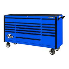 a blue tool cabinet with wheels and drawers