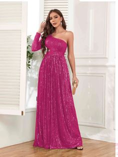 Alivia Glamorous One Shoulder Long Sleeve Cutout Waist Sequins Party D Evening Party One Shoulder Floor-length Dress, Pink One-shoulder Evening Dress For Prom, Pink One Shoulder Dress For Evening And Prom Season, Floor-length One-shoulder Dress For Prom, Glamorous Pink One-shoulder Evening Dress, Glamorous One-sleeve Party Dress, Glamorous One Sleeve Dress For Party, One Shoulder Bodycon Dress For Night Out, One Shoulder Sequin Dress For Gala