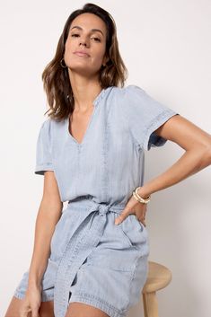 Elevate your everyday casual style with the Birdie Romper by EVEREVE. Crafted in Lyocell denim, this one-and-done look features a v-neckline, gathering at the shoulders, a keyhole back button closure, front pockets, and a tie waist. | EVEREVE Women's Birdie Romper, Size XS, Blue Chic Spring Denim V-neck Top, Chic V-neck Denim Top For Spring, Trendy Denim V-neck Top, Trendy V-neck Denim Top For Summer, Medium Wash Denim V-neck Top, Blue Relaxed Fit Denim Top Made Of Tencel, Summer V-neck Washed Tops, Chic Blue V-neck Denim Top, Casual Denim Blue V-neck Top