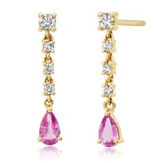 Pretty in pink and stunning diamonds! These gorgeous drop earrings have it all, and will soon become your new favorite gems. Available in 14k yellow, rose, or white gold Approximately .48ctw pink sapphires Approximately .21ctw diamonds Measures 3/4" in length By Curated by Ab Pink Diamond Earrings With Accents, Pink Diamond Earrings With Diamond Accents, Pink Diamond Teardrop Earrings, Pink Teardrop Diamond Earrings, Pink Diamond Drop Earrings Fine Jewelry, Pink Diamond Drop Earrings In Fine Jewelry Style, Pink Diamond Earrings With Diamond Accents For Wedding, Pink Diamond Earrings With Accents For Wedding, Fine Jewelry Pink Diamond Earrings For Formal Occasions