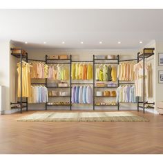 an open closet with clothes hanging on shelves and rug in the middle, along with wooden flooring