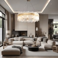 a modern living room with white furniture and chandelier above the couch, along with large windows