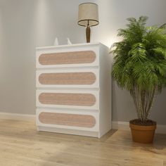 a potted plant sitting on top of a white cabinet next to a lamp and wall