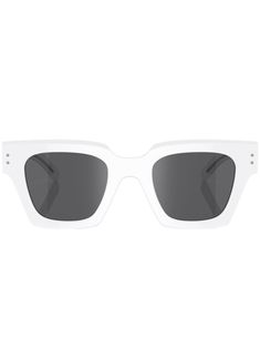 white acetate square frame tinted lenses logo print to the side sculpted arms curved tips These glasses come with a protective case. Luxury Optic White Sunglasses For Summer, Elegant White Shield Sunglasses With Tinted Lenses, Chic White Square Frame Sunglasses, Classic White Shield Sunglasses With Uva Protection, White Rectangular Polarized Sunglasses, Elegant White Shield Sunglasses With Polarized Lenses, Luxury Optic White Sunglasses With Polarized Lenses, White Rectangular Sunglasses With Polarized Lenses, Elegant White Shield Sunglasses With Uv Protection