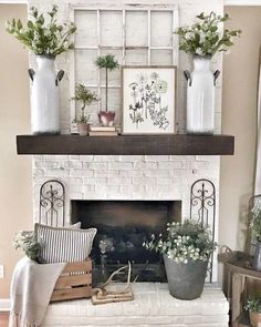 a living room with a fire place and potted plants on top of the mantle