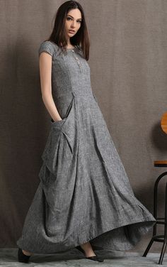 Gray Linen Dress Long Maxi Boho Style Short Sleeved by YL1dress Sukienki Maksi, Kain Linen, Skirt Patterns, Summer Shift Dress, Mode Hippie, Linen Dress Women, Long Linen Dress, Boho Style Outfits, Diy Skirt