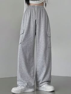 Casual Loose Fit Sweatpants Grey    Knitted Fabric Plain Wide Leg Non-Stretch  Women Clothing, size features are:Bust: ,Length: ,Sleeve Length: Cute Baggy Sweatpants, Wide Legged Sweatpants, Wide Leg Sweatpants Outfit Casual, Gray Baggy Sweatpants, Sweat Pants Aesthetic, Cute Sweat Pants, Swear Pants, Pants Gris, Baggy Sweatpants Outfit