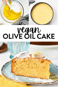 collage of vegan olive oil cake on plate with lemons and sauce in bowls