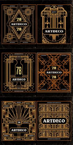 an art deco poster with gold and black designs on the front, back and sides