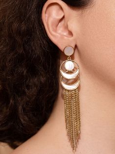 Let this pair of moon earrings grab attention and highlight your feminine neck while adding a dose of elegance to your outfit. Fine Jewelry Photography, Earrings With Chain, Moon Phase Jewelry, Crystal Ball Earrings, Long Statement Earrings, Gold Tassel Earrings, Gold Earrings Wedding, Crescent Moon Earrings, Mother Of Pearl Earrings