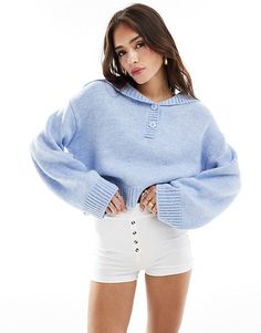 ASOS DESIGN sweater with button collar in light blue | ASOS Blue Collared Winter Sweater, Blue Winter Tops With Button Cuffs, Winter Blue Tops With Button Cuffs, Winter Button-up Polo Sweater, Blue Tops With Button Cuffs For Winter, Light Blue Buttoned Cardigan For Fall, Light Blue Buttoned Sweater For Winter, Spring Button-up Sweater With Ribbed Collar, Light Blue Buttoned Winter Sweater